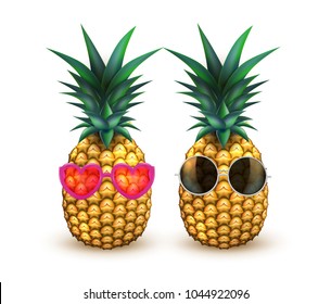 Pineapple in sunglasses realistic fruit. Vector illustration. 3d ripe tropical exotic Juicy fresh food, vitamin healthy dieting. Ananas funny fruits summer vacation organic object, isolated background