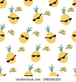 Pineapple with sunglasses seamless pattern in doodle style on white background for summer fashion print, gift wrapping paper, wallpaper etc.