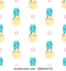 Piña con gafas de sol patrón sin fisuras sobre un fondo blanco. Vector, ilustración.