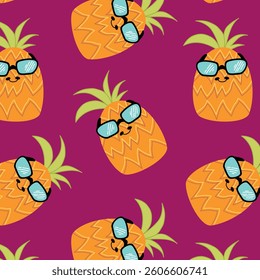 Pineapple with sunglasses seamless pattern. Vector background with summer holiday