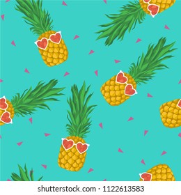 Pineapple with sunglasses and triangles seamless pattern. Vector background.