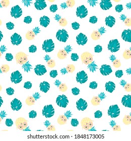 pineapple with Sunglasses tropical illustration seamless, summertime pattern