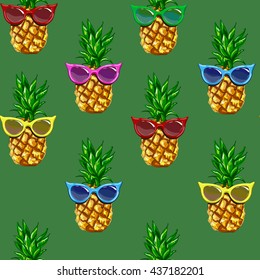 pineapple with Sunglasses tropical vector illustration seamless, summertime pattern 