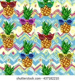 pineapple with Sunglasses tropical vector illustration seamless, summertime pattern 