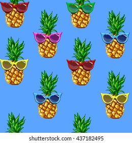pineapple with Sunglasses tropical vector illustration seamless, summertime pattern 