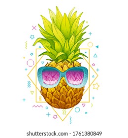 Pineapple in sunglasses. Vector Memphis summer art. Tropical illustration on geometric 80th background. Hipster ananas fruit in cool funny glasses. Music cover, t shirt print, luau party invite design