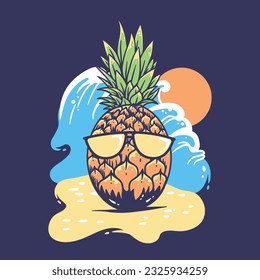 Ananas in einer Sonnenbrille. Vektor Memphis Sommerkunst. Tropische Illustration einzeln auf dunklem Hintergrund, Vektorgrafik.