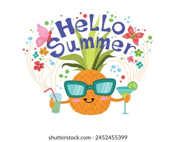 Pineapple in sunglasses. Vector Memphis summer art. Tropical illustration on a white background.
