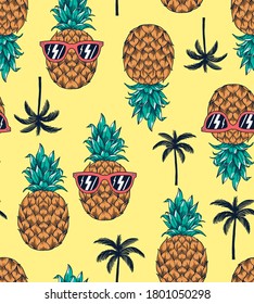 Pineapple with sunglasses vector seamless pattern illustration. For t-shirt prints and other uses.