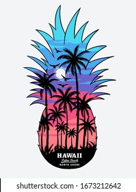 Isla tropical Pineapple Sunrise, Hawaii beach sunset ilustración. Para impresiones en pantalones, carteles y otros usos.