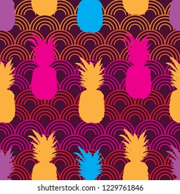 Pineapple Sunset-Fruit Delight. Seamless Repeat Pattern Background in Pink,Yellow,Purple,Blue and Orange.
