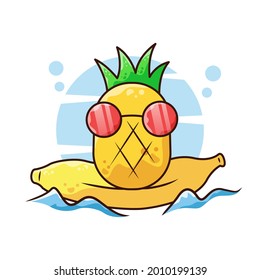 Pineapple surfing with banana vector cartoon illustration. cute character. isolated. background