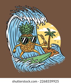Pineapple is surfing in the sea