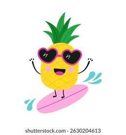Сartoon pineapple is surfing in the sea, vector illustration.
