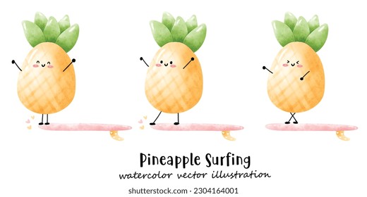 Pineapple surfing, watercolor, summer, surf, vector illustration