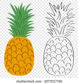 Pineapple  - sweet yellow fruit, flat cartoon illustration, childrens coloring book on transparent background. Icon and emblem for web design of packaging for vegetarian food.