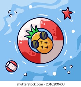 Pineapple and swimming pool float on water vector cartoon illustration. background. summer