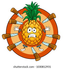 Pineapple target for throwing knives pop art retro vector illustration. Cartoon food character. Isolated image on white background. Comic book style imitation.