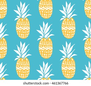 Pineapple texture with hand drawn yellow fruits at blue background. Seamless vector pattern