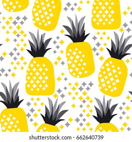  Pineapple texture with hand drawn yellow fruits at blue background. Summer decorative pineapple seamless pattern design. vector illustration of cool summer fruit for fabric, wrapping paper. 