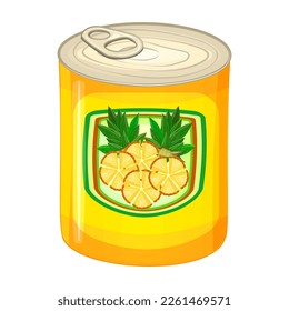 Pineapple tin can. Fresh ananas pieces with sugary syrup in metallic can package. Preserve food, long term storage product concept with sweet pineapple. Tinned cooking ingredient. Vector illustration