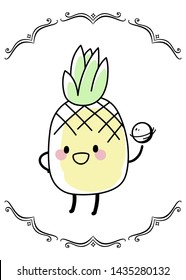 Pineapple tosses and spins the ball. Cute kawaii cartoon fruit. Doodle veggie character on white background. Line color sketch for kids posters, cards, colorings. Colorful design vector illustration.