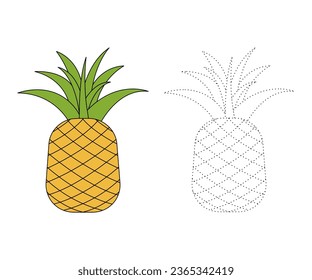 Pineapple. Trace and color for children, coloring page or book, orange vector illustration. Isolated white background.