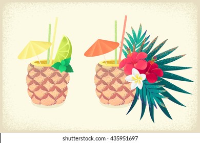 Pineapple tropical cocktails with lime, mint, frangipani (plumeria), hibiscus flowers and palm leaves. Tropical beach bar. Retro vector illustration