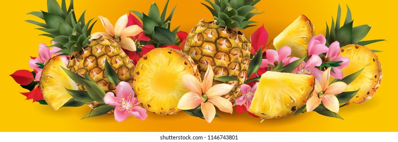 Pineapple and tropical flowers