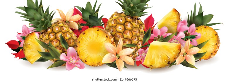Pineapple and tropical flowers