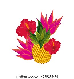 pineapple and tropical  flowers over white background. colorful design. vector illustration