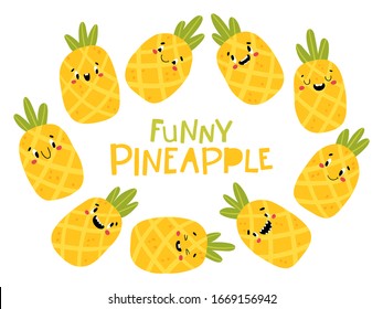 Pineapple tropical fruit collection. Funny characters with happy faces. Vector cartoon illustration in simple hand-drawn Scandinavian style. Ideal for printing baby products.