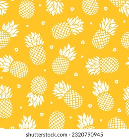 Pineapple Tropical Fruit Seamless Pattern. Pineapple and Hearts White Silhouette on Yellow Background. Vector Illustration.