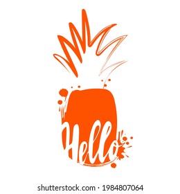 Silueta de fruta tropical de piña con texto hola en color naranja aislado en fondo blanco