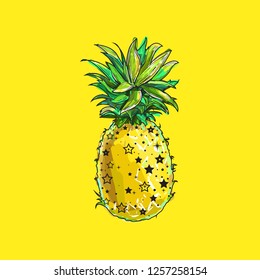 Pineapple, a tropical fruit. Vector color illustration, isolated and stylized. Design element for printing on t-shirts, and Souvenirs. Trendy fruit. Exotic food. Picturesque sketch.