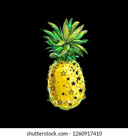 Pineapple, a tropical fruit. Vector color illustration, isolated and stylized. Design element for printing on t-shirts, and Souvenirs. Trendy fruit. Exotic food. Picturesque sketch.
