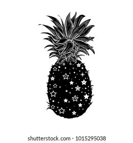 Pineapple, a tropical fruit. Vector illustration, isolated and stylized. Design element for printing on t-shirts, and Souvenirs. Trendy fruit. Exotic food. 