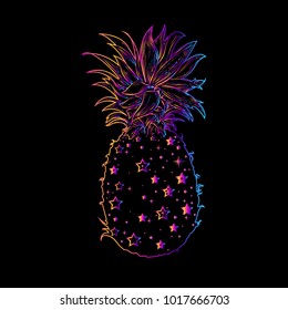Pineapple, a tropical fruit. Vector illustration, isolated and stylized. Design element for printing on t-shirts, and Souvenirs. Trendy fruit. Exotic food. Cheerful picture. Mysterious, bold fruit. 
