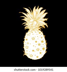 Pineapple, a tropical fruit. Vector illustration, isolated and stylized. Design element for printing on t-shirts, and Souvenirs. Trendy fruit. Exotic food.