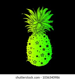 Pineapple, a tropical fruit. Vector illustration, isolated and stylized. Design element for printing on t-shirts, and Souvenirs. Trendy fruit. Exotic food. Fruit design for the cover. Art  