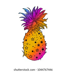 Pineapple, a tropical fruit. Vector illustration, isolated and stylized. Design element for printing on t-shirts, Souvenirs. Trendy fruit. Exotic food. Cheerful picture. Mysterious, bold fruit. Art.