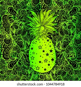 Pineapple, a tropical fruit. Vector illustration, isolated and stylized. Design element for printing on t-shirts, and Souvenirs. Trendy fruit. Exotic food. Fruit design for the cover. Art  