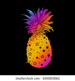 Pineapple, a tropical fruit. Vector illustration, isolated and stylized. Design element for printing on t-shirts, Souvenirs. Trendy fruit. Exotic food. Cheerful picture. Mysterious, bold fruit. Art.
