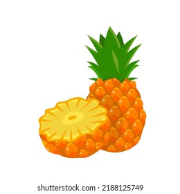 Pineapple, tropical fruit vector illustration. Cartoon isolated whole ripe sweet ananas with green leaves and cut in half, healthy vitamin summer dessert, snack and juicy organic food ingredient