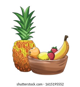 pineapple and tropical fruits bowl over white background, vector illustration