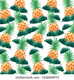 pineapple tropical fruits  foliage background vector illustration