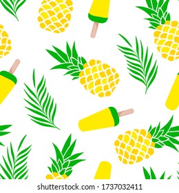 Pineapple, tropical leaves, and ice cream fresh seamless pattern. Summer party dessert, tropical leaf for digital paper or textile fabric, wrapping paper, party card background. Exotic fruits.