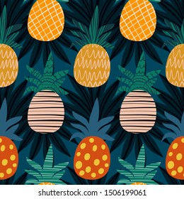Pineapple and tropical leaves seamless vector background. Design for fabric, wrapping, textile, wallpaper, apparel.