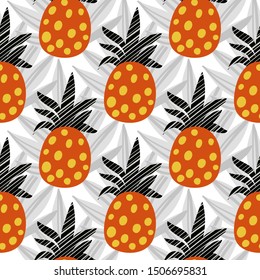 Pineapple and tropical leaves seamless vector background. Design for fabric, wrapping, textile, wallpaper, apparel.