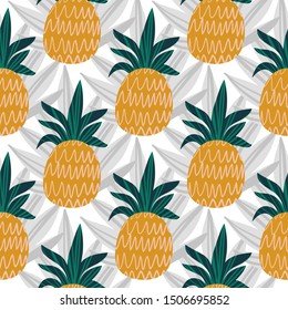 Pineapple and tropical leaves seamless vector background. Design for fabric, wrapping, textile, wallpaper, apparel.